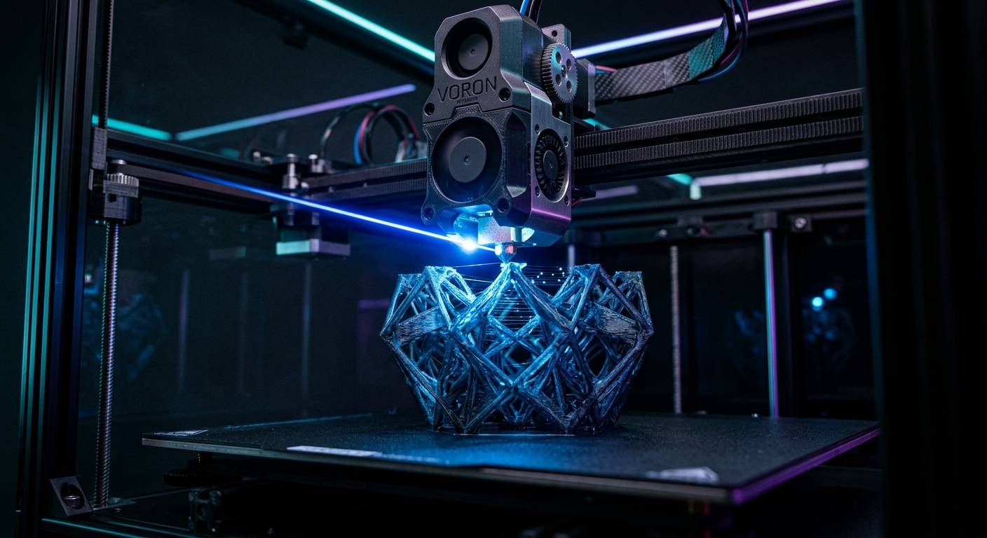 3D printer constructing a complex geometric shape at Tommy Labs